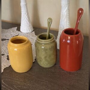 Williams-Sonoma Ceramic Condiment Jars w/Spoons –Set of 3. No spoon with Mustard